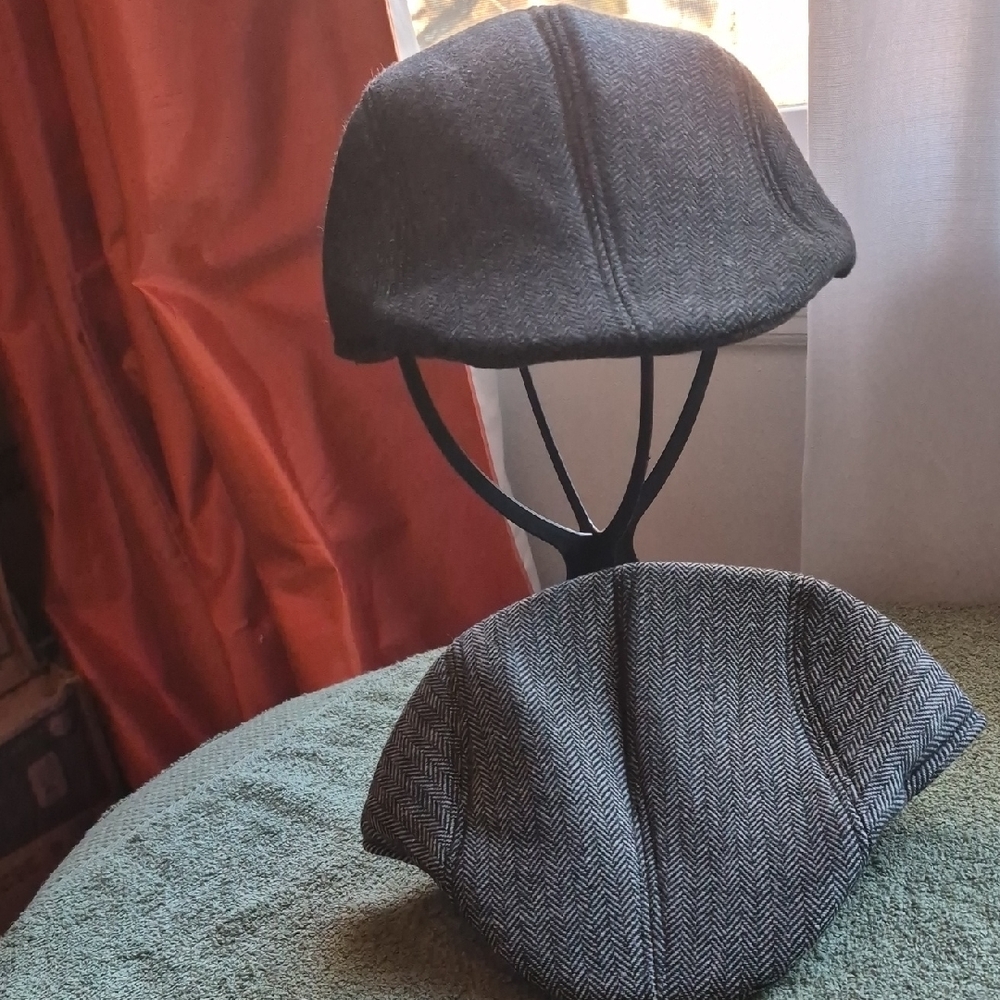 Classic Gray Herringbone Newsboy Cap - Two Men's Hats size 60
